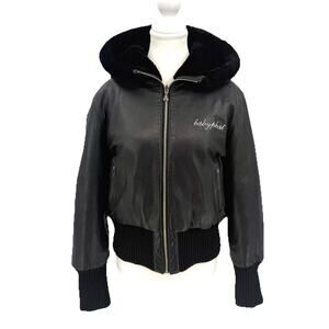 VTG Baby Phat Jacket Womens Large Black Leather Hood Fleece Lined Coat Y2K READ